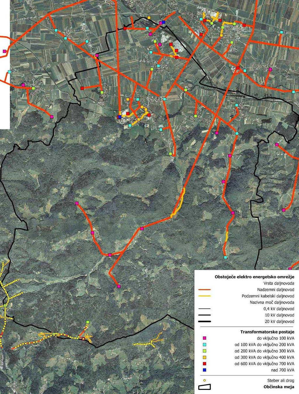 Slika 1: Obstoječe elektro distribucijsko omrežje Vir: Javne informacije Slovenije, Geodetska uprava Republike