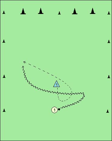 SKICA 6: Napadalec ima žogo, ki jo v hitrem teku odvodi od vrat in si pripravi prostor za napad.