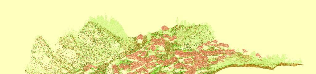 Slika 3: 3D pogled na del območja iz LIDAR podatkov kot ga prikaže program ArcGis (zarast je zelena, objekti rdeči) 4.