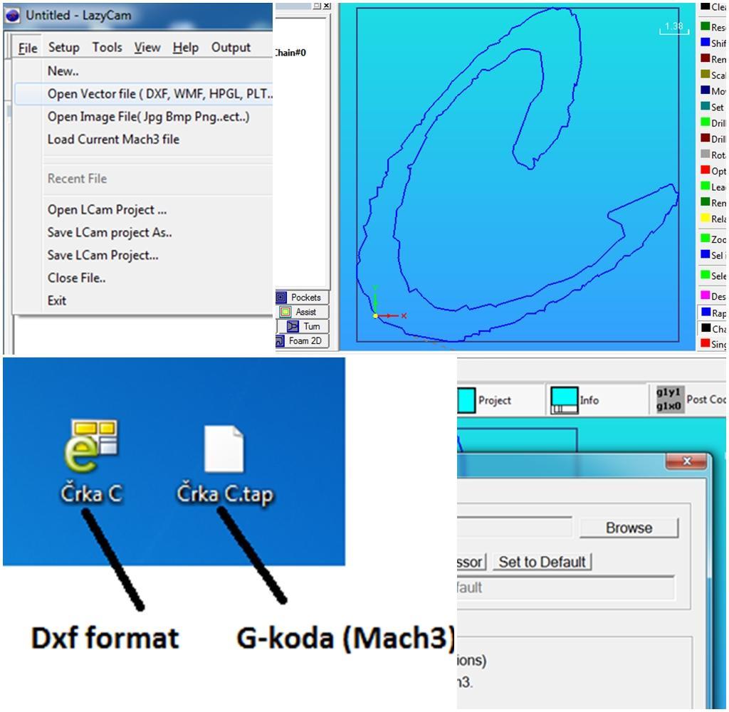 LazyCam je programsko okolje, kjer iz narisanega modela pretvorimo Dxf format v G-kodo. Postopek pretvorbe je prikazan na sliki 7.4. Slika 7.