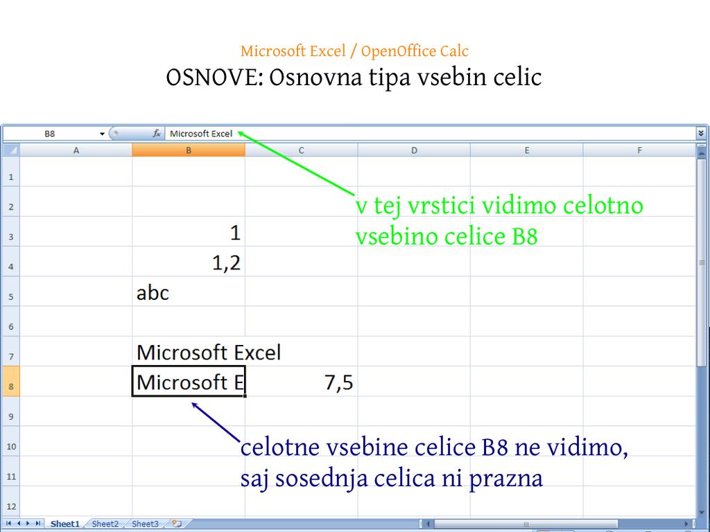 Dva osnovna tipa vsebine celic sta: (1) številka, pri čemer Excel prikaz vsebine takih celic avtomatsko poravna v desno (2) besedilo, pri čemer Excel prikaz vsebine takih celic avtomatsko poravna v