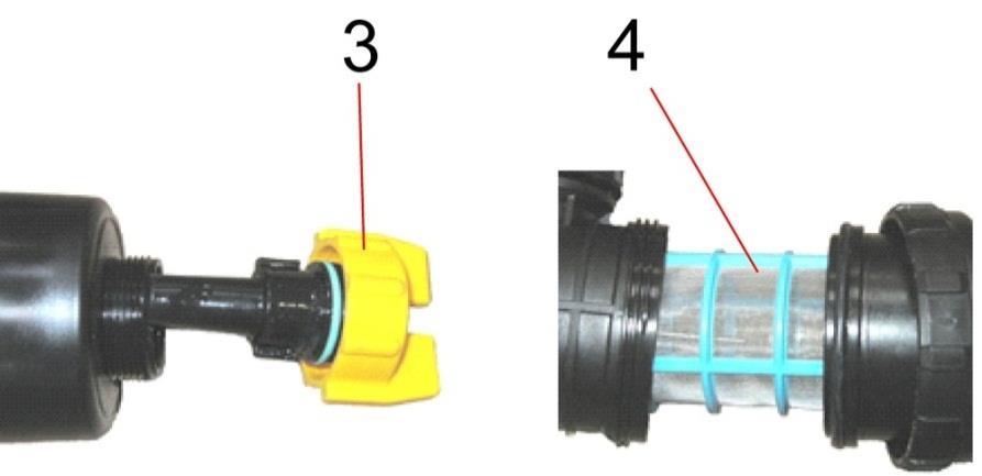 Vgrajeni zaporni ventil v filtru zapre dotok tekočine iz glavnega rezervoarja. Odvijte holandsko matico (5) na pokrovu filtra ter odstranite pokrov in filterski vložek (4).