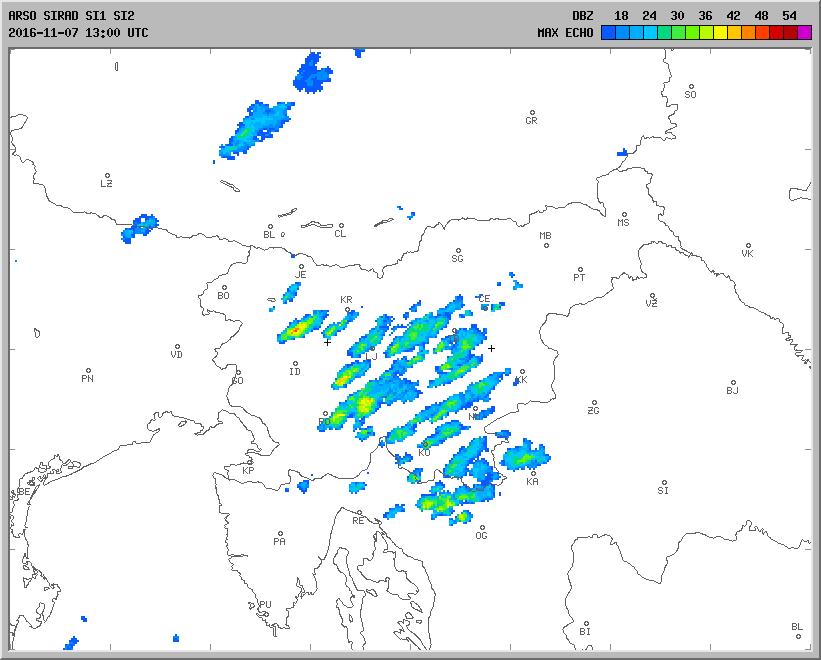 Slika 22. Največja radarska odbojnost padavin 7. 11. ob 14.