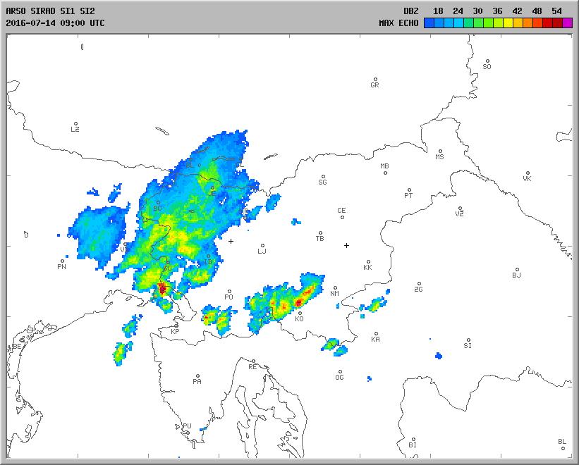Slika 14: Radarska meritev ob 11.00 po lokalnem času Po analizi zaporedja radarskih slik sklepamo, da je bilo najmočnejše konvektivno dogajanje na območju severne Primorske od 9.00 do 10.
