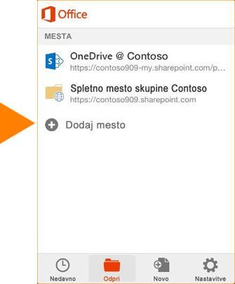 Če še niste povezani z dokumenti v storitvi Office 365 in želite vzpostaviti povezavo s storitvijo OneDrive za podjetja ali s SharePointom, tapnite mapo Odpri. 2.