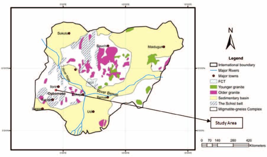 370 Sunmonu, L. A., Adagunodo, T. A., Olafisoye, E. R., Oladejo, O. P. Figure 1c. Geological map of Nigeria showing the study area. (Modified after Ajibade et al, 1988).