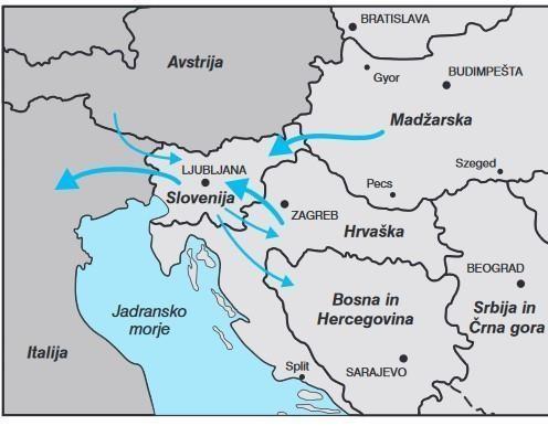 Vendar pa tranzit ne poteka vedno iz vzhoda proti zahodu Slovenije. Slika 2.3. prikazuje pot trgovanja z ljudmi preko Slovenije. Podatki policije Slovenije prikazujejo nov trend trgovcev z ljudmi.