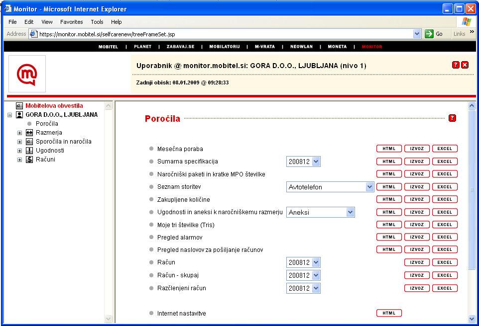 Slika 3 Portal»Monitor«mobilnega operaterja Mobitel Na osnovi natančne specifikacije računa lahko za posamezen SMT ugotovimo, koliko stroškov je bilo povezanih s službenimi številkami in koliko je