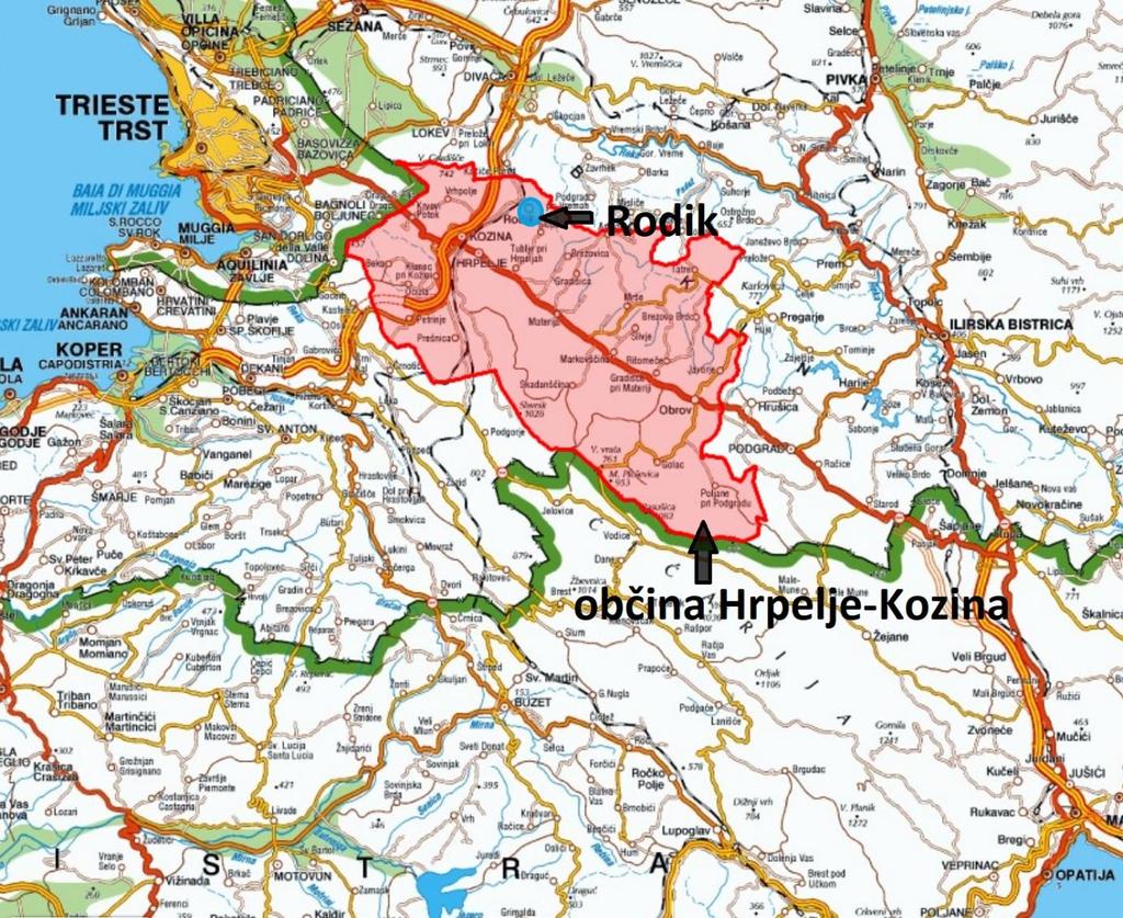 Slika: Lokacija občine Hrpelje-Kozina in naselja Rodik Vir: Geopedia interaktivni spletni atlas in zemljevid Slovenije, www.geopedia.si, junij 2018.