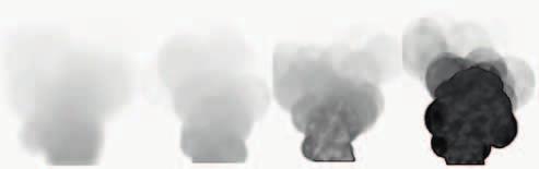 Slika 7: Različni tipi dima, ki jih dosežemo s spreminjanjem parametrov znotraj SIN-a Figure 7: Various types of smoke, obtained by the changing of two parameters within the SIN Na sliki 7 lahko