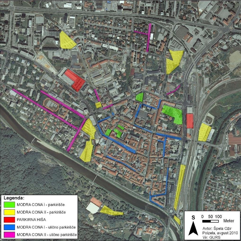 Razbremenitev mestnega središča Modra cona zajema parkirna mesta in parkirišča v in ob samem mestnem središču. Namenjena je parkiranju za krajši čas (do 2 uri). Na tem območju obratuje med 6. in 16.