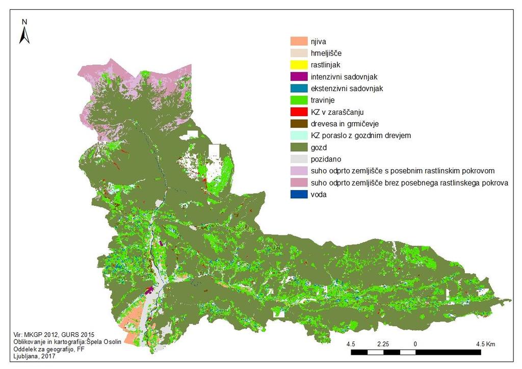 Karta 7: Dejanska raba tal v občini Kamnik Od vseh rodovitnih KZ je bilo leta 2012 v občini Kamnik 11 % njiv, 87,3 % trajnih travnikov in pašnikov ter 1,7 % trajnih nasadov (MKGP, 2102).