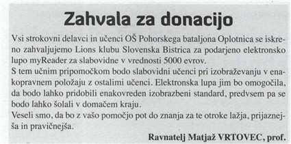 Panorama - Slovenska Bistrica Naslov: Zahvala za donacijo Datum: 09.06.