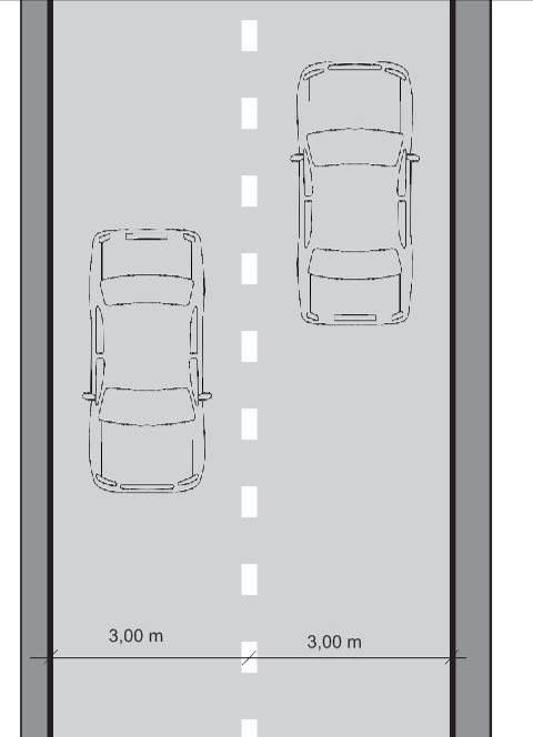 Sliki 54 in 55: Sprememba prometnega režima iz dvosmernih pasov s sredinsko ločilno črto brez kolesarskih pasov v dvosmerno cesto brez ločilne črte in dvostranskima dvosmernima kolesarskima pasovoma.