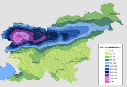 68 Slika 40: Karta višine padavin na podlagi meritev klasičnih in samodejnih meteoroloških postaj od 18. 9. ob 8:00 do 19. 9. 2007 ob 8:00 (povzeto po Vertačnik 2007). Tri tedne po poplavah (10.