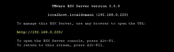 2. Nastavitve strežnika VMware ESX server 3.5 Po končanem ponovnem zagonu se prikaže začetni zaslon VMware ESX server version 3.5.0 Odpremo okno spltnega brskalnika in odpremo spletni vmesnik ravnokar nameščenega strežnika ESX.