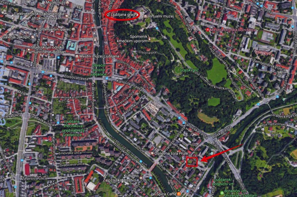 Lokacija Vila blok se bo nahajal v Ljubljani, v naselju Prule, na križišču Prijateljeve ulice in Privoza. Slika 1: Predstavitev lokacije na Prulah.