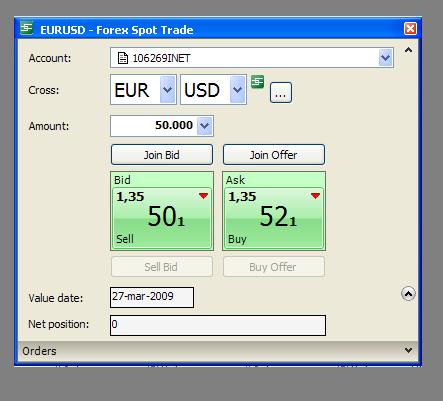 Slika 4: Prikaz SPOT posla za EUR\USD Vir: SaxoTrader V zgornjem prikazu lahko vidimo dve strani ponudbe. Kupili ali prodali bomo 50.000 EUR.