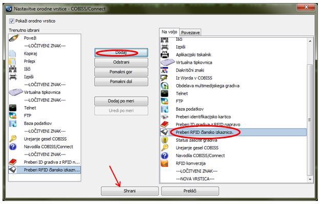 Dodatek J Slika J 4: Nastavitev ikone Preberi RFID člansko izkaznico Izbrane ikone se pojavijo v orodni vrstici na vrhu terminalskega emulatorja COBISS/Connect.