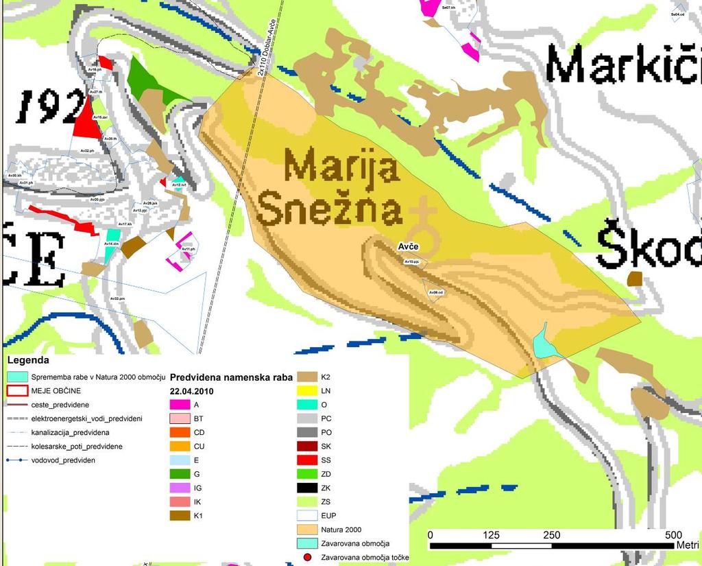 Slika 13: Predvidene spremembe namenske rabe zemljišč znotraj Natura 2000 območja Avče in v širši okolici.