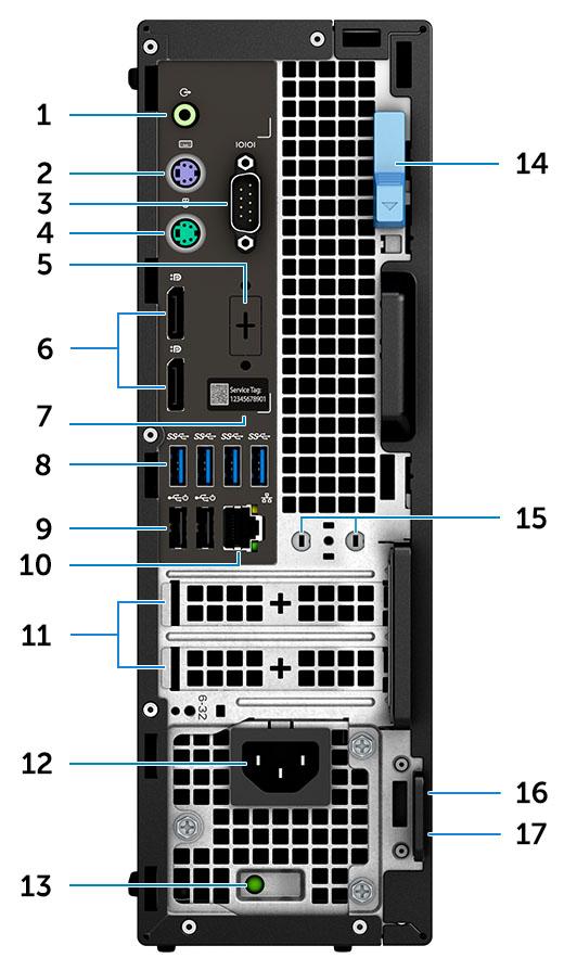 Pogled z zadnje strani 1 Vrata z izhodnim vodom 2 Vrata PS/2 za tipkovnico 3 Zaporedna vrata 4 Vrata PS/2 za miško 5 Vrata DisplayPort/HDMI 2.