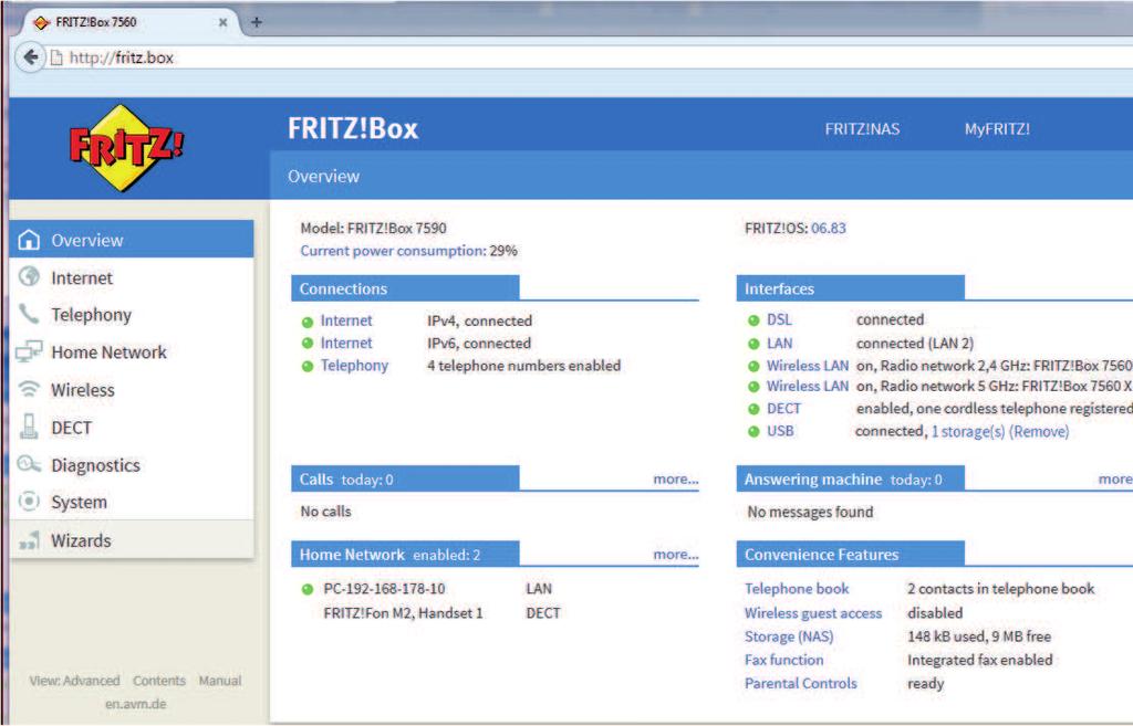 Uporabniški vmesnik: Meni Overview (Pregled) Pregled informacij o stanju izdelka FRITZ!