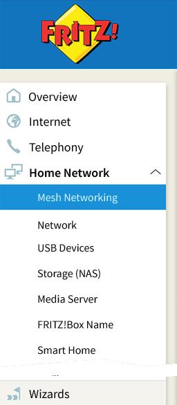 Uporabniški vmesnik: Meni Home Network (Domače omrežje) Meni Home Network (Domače omrežje): Nastavitev funkcij Pregled Domače omrežje je izdelek FRITZ!Box in vse naprave, povezane z njim.