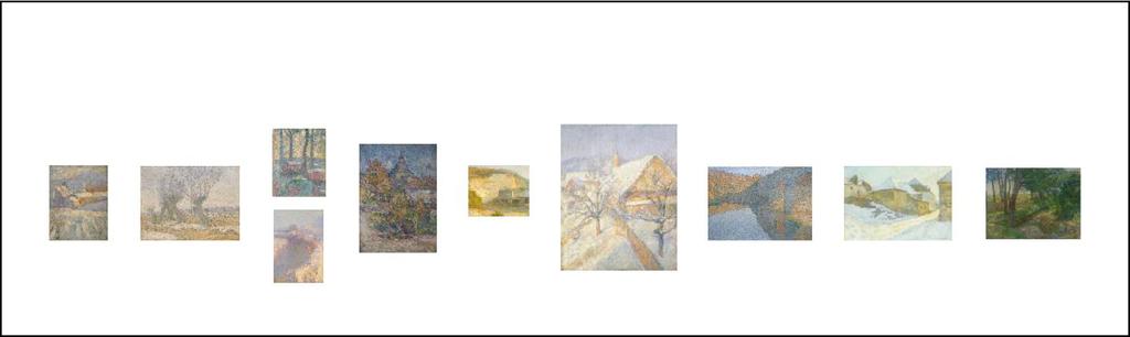 Shema 2: Postavitev v Narodni galeriji, kjer je Jakopičeva slika Križanke v jeseni. Slike od leve proti desni: Rihard Jakopič: Zima ob Gradaščici, ok.