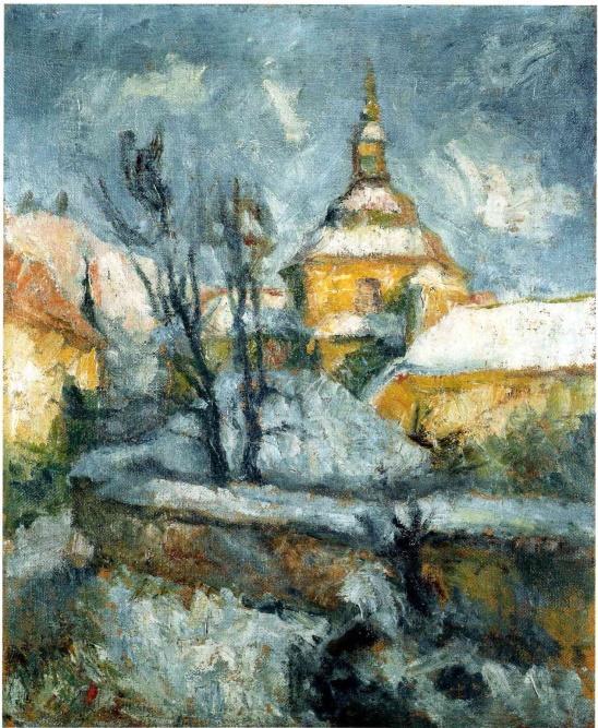 Slika 10: Rihard Jakopič, Križanke, 1924 V gosti vehementni barvni potezi naslikane Križanke v jeseni veljajo kot dosežek obvladanega impresionizma, saj se poleg predmetnosti vidita predvsem ozračje