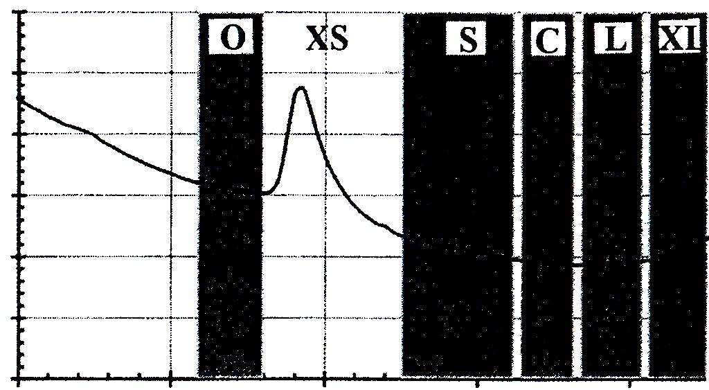 ENORODOVNO VLAKNO - pasovi in standardizacija Valovni pasovi in spekter slabljenja: O (1260-1360 nm) XS (1360-1460 nm) S (1460-1530 nm) C (1530-1565 nm) L (1565-1625 nm) XL (1625-1675 nm)