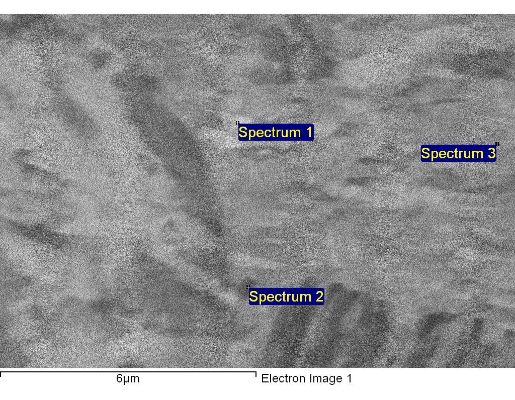 Slika 22: EDS analiza mikrovolumna vzorca iz primera neuspele proizvodnje (K3326, sredina) Analiziramo dve mesti (spekter 1 in 2), ki že po obliki, velikosti in kontrastu odstopata od okolice/matrice