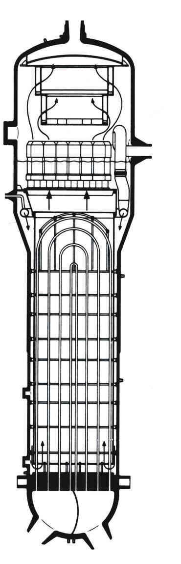 Uparjalnik tlačnovodni reaktor - loči primarni krog od sekundarnega (turbinskega) - toplota reaktorske delovne snovi (voda) se prenaša na delovno snov parnega krožnega procesa (voda) - tlak vode na