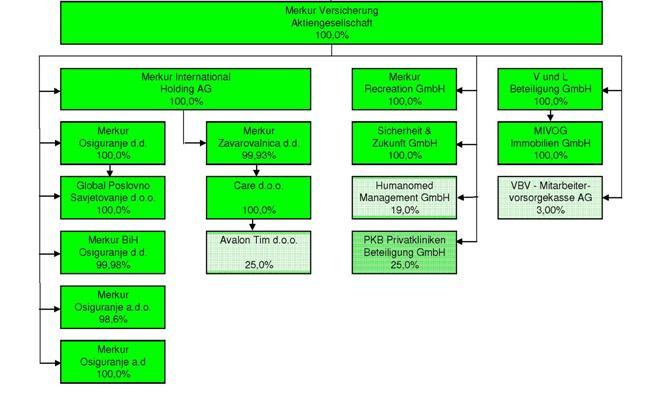 V nadaljevanju je prikazana organizacijska struktura koncerna Merkur in povezanost družb v skupini: Kapitalsko povezane osebe Na podlagi Pogodbe o opravljanju specialnih storitev z družbo Merkur