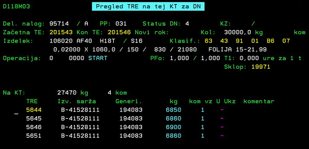 Na sliki 22 je prikazan DN 95714, varianta A, na katerega so vezane 4 TRE. Vse TRE se nahajajo na operaciji z zaporedno številko 0 in na stroju s šifro 0000 in nazivom START.