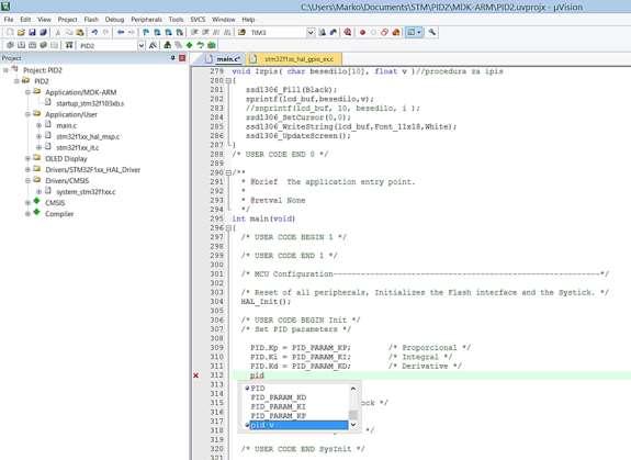 Programiranje mikrokrmilnika 6.2 Zapis programske kode v programskem okolju µvision IDE Programska koda za napravo magnetne levitacije je napisana v programskem jeziku C v okolje μvision.
