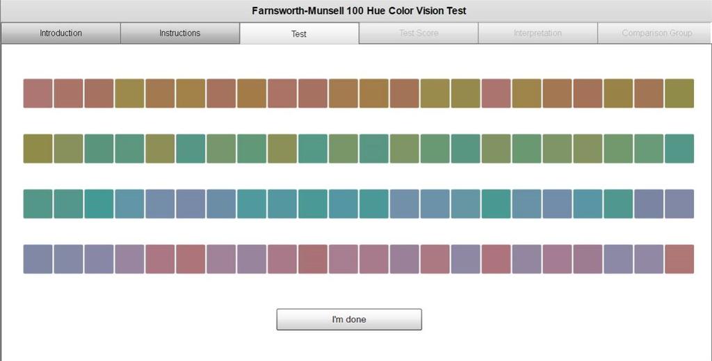 Prilagoditev barv za grafične oblikovalce z motnjo barvnega vida belo svetlobo po svojih zmožnostih razvrstiti barvne ploščice različnih odtenkov v kromatično zaporedje med dve referenčni ploščici.