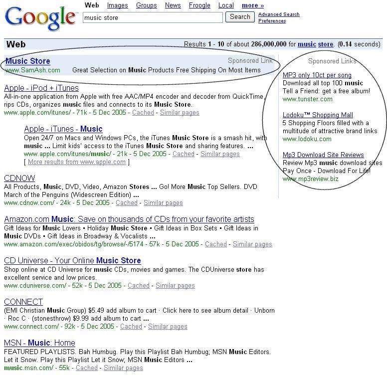 Slika 8: Primer oglaševanja s ključnimi besedami na iskalniku Google (Vir: Google, 2005) 7.6.