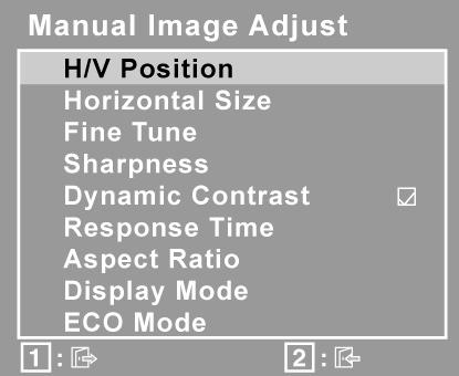 Kontrola Razlaga Manual Image Adjust (Ročna prilagoditev slike) prikaže meni Ročna prilagoditev slike. H./V.