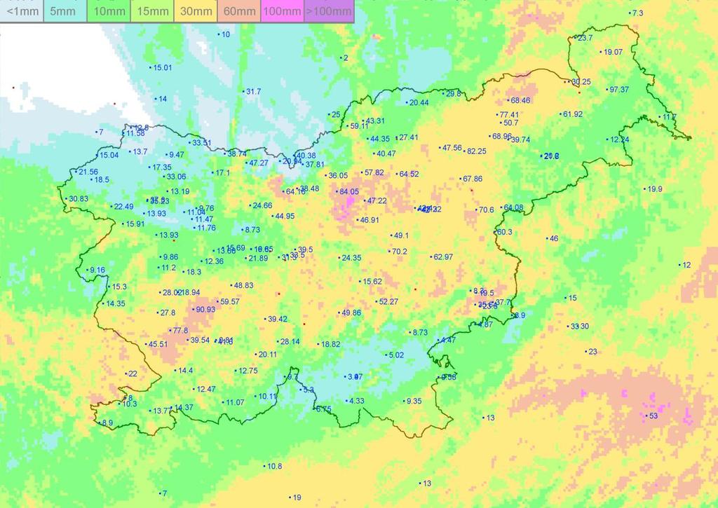 Višina padavin V celotnem petdnevnem obdobju je v večjem delu Slovenije padlo med 15 in 100 mm padavin, le ponekod na jugovzhodu in zahodu še manj.