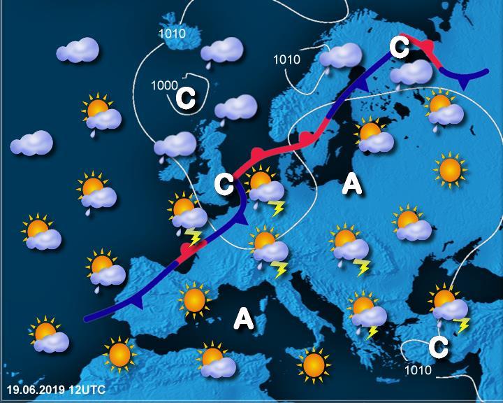 Splošna vremenska slika Nad zahodno Evropo je od 19. do 21. junija vztrajala višinska dolina, vremenska fronta se je zadrževala zahodno od nas (sliki 1 in 2).