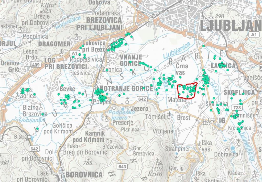 Slika 1: Gnezditvena razširjenost pribe na Ljubljanskem barju (zelene