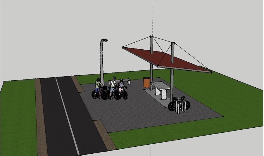 20 Slika 16: 3D model pokritega počivališča. (sketchup) Kolesarsko počivališče je zasnovano kot jeklena vitka konstrukcija, sidrana v armirano betonski pasovni temelj.