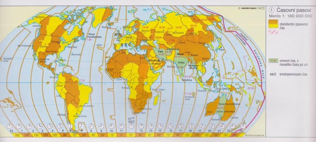 7. Razporeditev časovnih pasov na Zemlji. a) Izračunaj, koliko je ta trenutek ura v mestih označenih na zemljevidu, če je na 5 Dobrni 10.