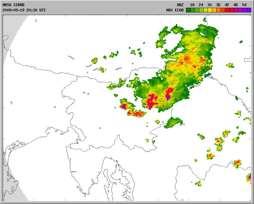 Slika 3. Slika največje radarske odbojnosti padavin 19. maja ob 22.