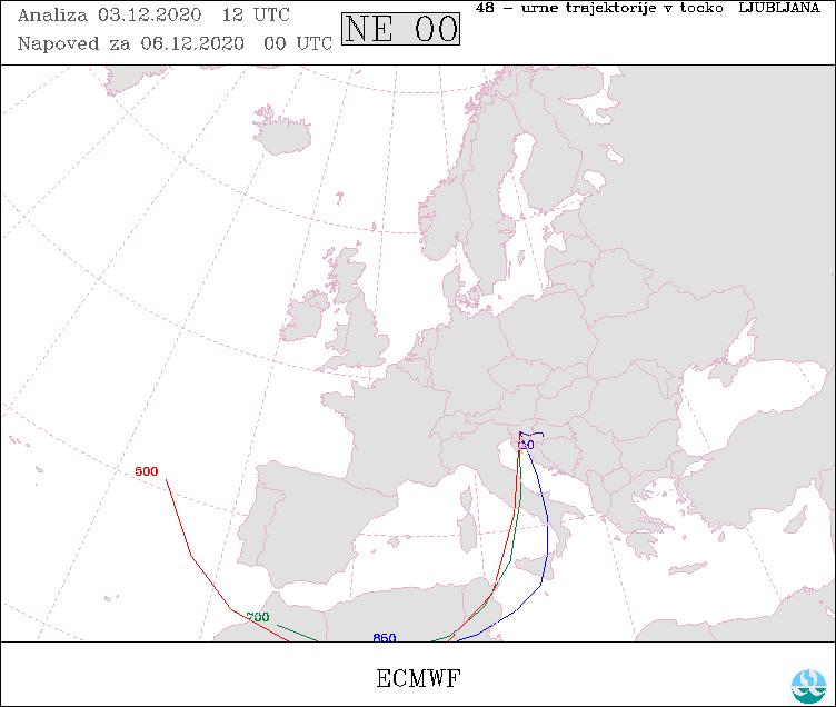 Slika 4. Napoved meteorološkega modela ECMWF za 48-urno pot zračne mase (od 1. ure 4. do 1. ure 6. decembra) na različnih višinah do Ljubljane.