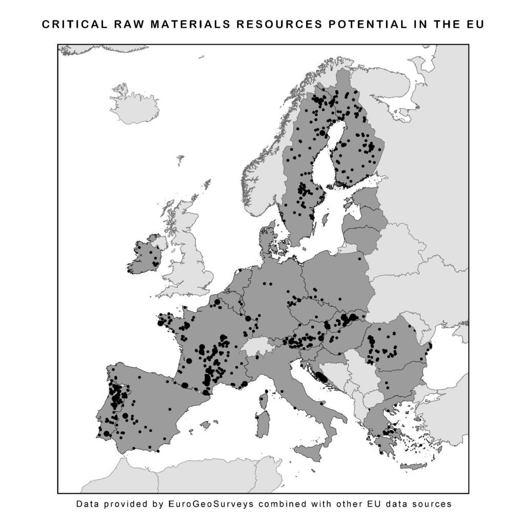 Slika 3: Nahajališča kritičnih surovin v EU-27 (2020) Glede na geografsko porazdelitev kritičnih surovin v Evropi razvoj surovin za baterije, kot so litij, nikelj, kobalt, grafit in mangan,
