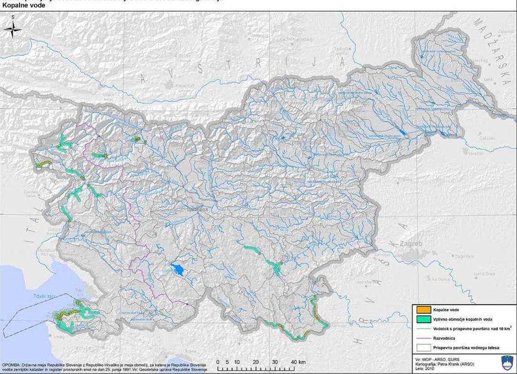 Slika 34: Prikaz območij kopalnih voda (vir: ARSO, GURS) Narava Na območjih Natura 2000 (območja POV in POO) je treba načrtovati dejavnosti in posege v skladu s 7.