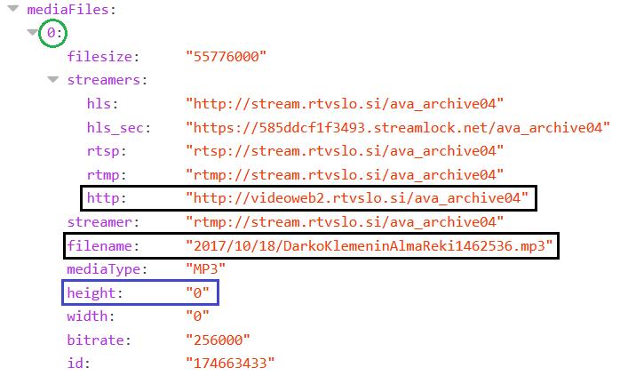 4.2 Razvoj programske kode za prenos vsebine 37 Da se pridobi točen URL do datoteke, je treba združiti vrednosti ključev http in filename (ime datoteke). Oba ključa se nahajata v seznamu streamers.