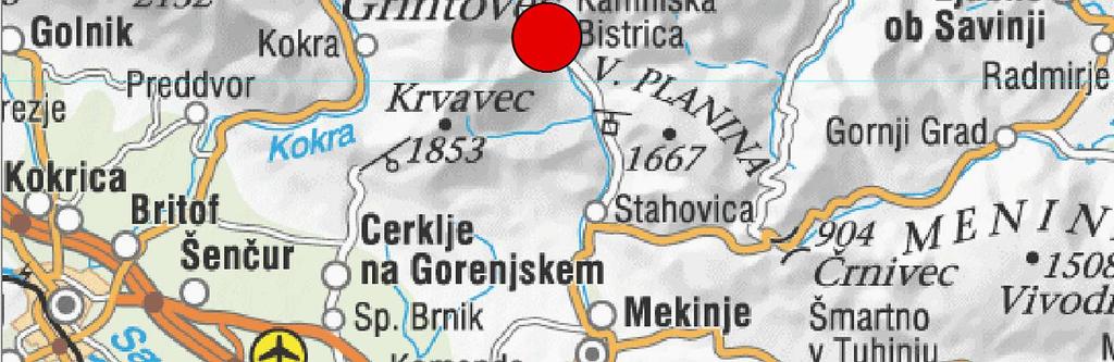 Location of precipitation (red) and automatic station (black dot) in Kamniška Bistrica (from: Atlas okolja 1 ) Padavinska postaja Kamniška Bistrica je na
