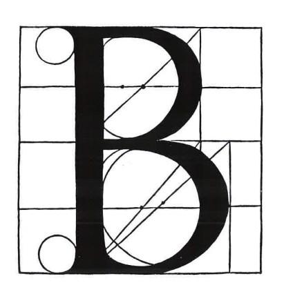 Slika 9: Paciolijevo načrtovanje črke A Črka B Pri načrtovanju črke B sta za izhodišče vzeta dva kroga, od katerih je spodnji nekoliko večji (slika 10).